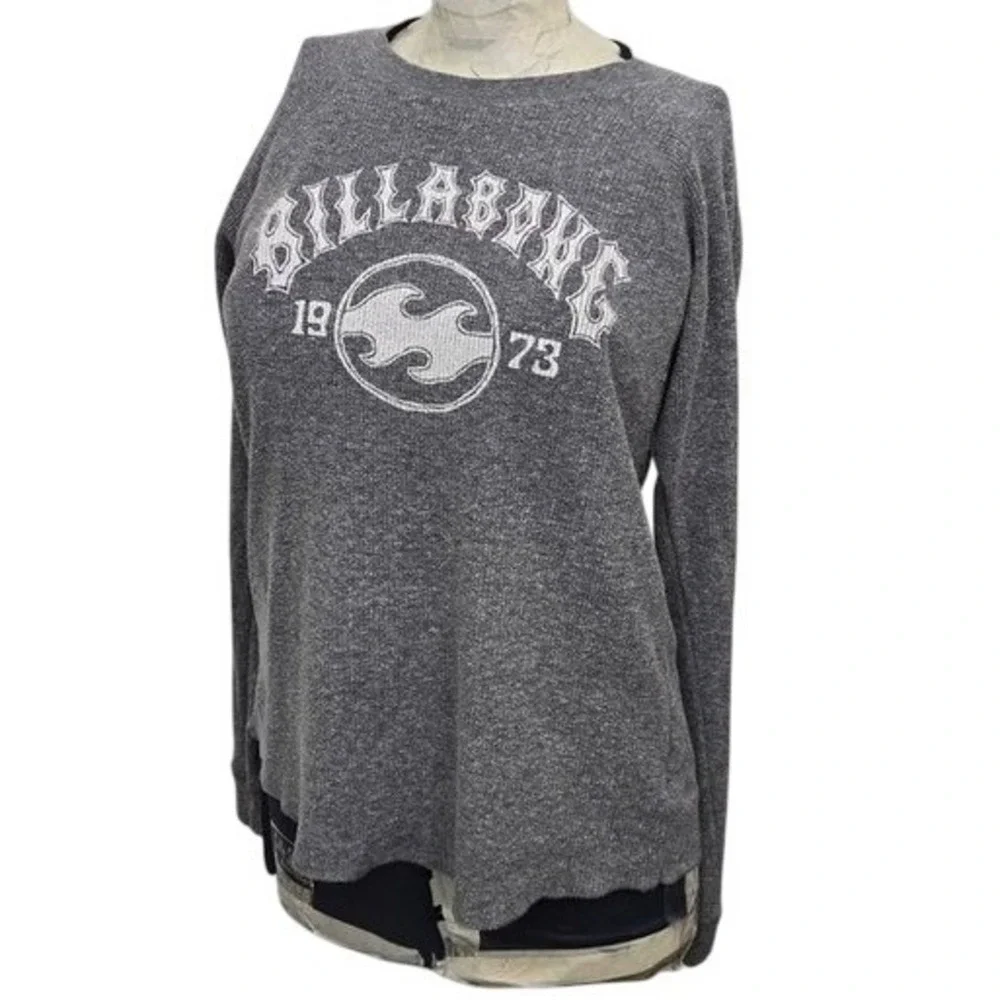 Billabong Thermal Shirt Mens Medium Grey Waffle Knit Long Sleeve 1973 Graphic‎ T